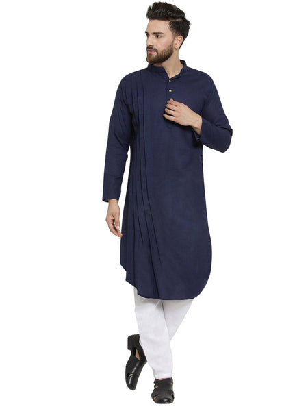 Designer Blue Linen Kurta With Aligarh Pajama For Men By Luxury at Less