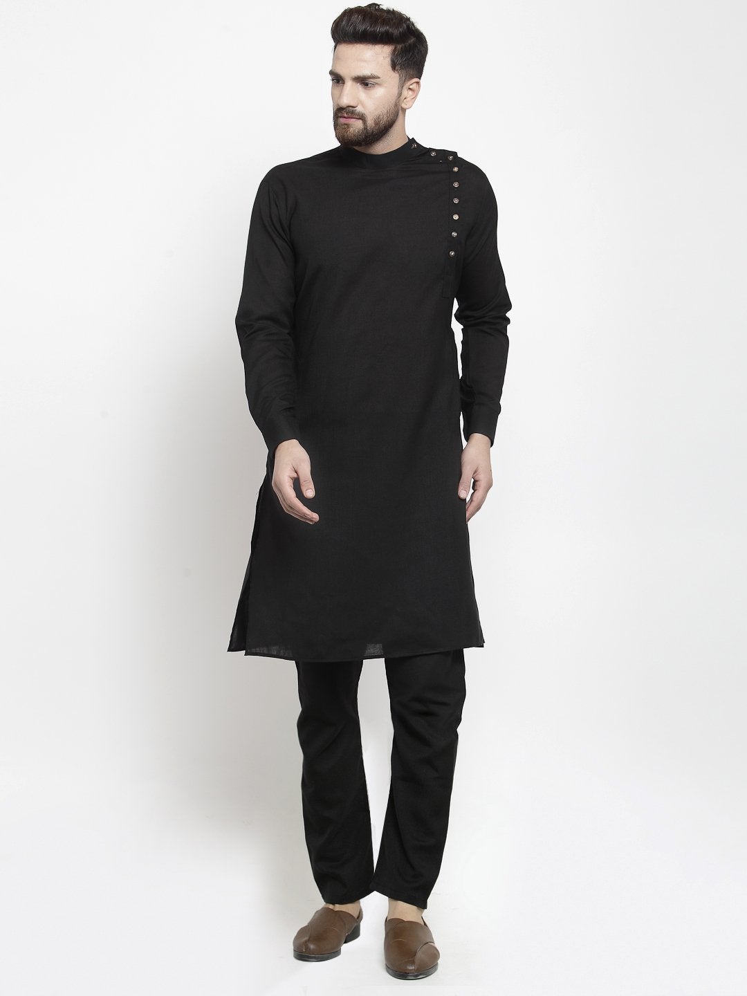 Designer Black Linen Kurta With Aligarh Pajama For Men By Luxury at Less