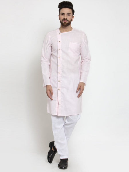 Designer Full Sleeve Pink Kurta With Aligarh Pajama Set in Linen For Men by Luxury at Less