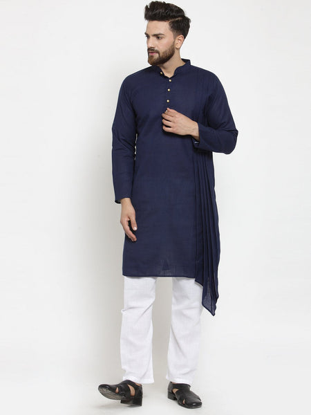 Navy Blue Kurta With Aligarh Pajama Set in Linen for men by Luxury at Less