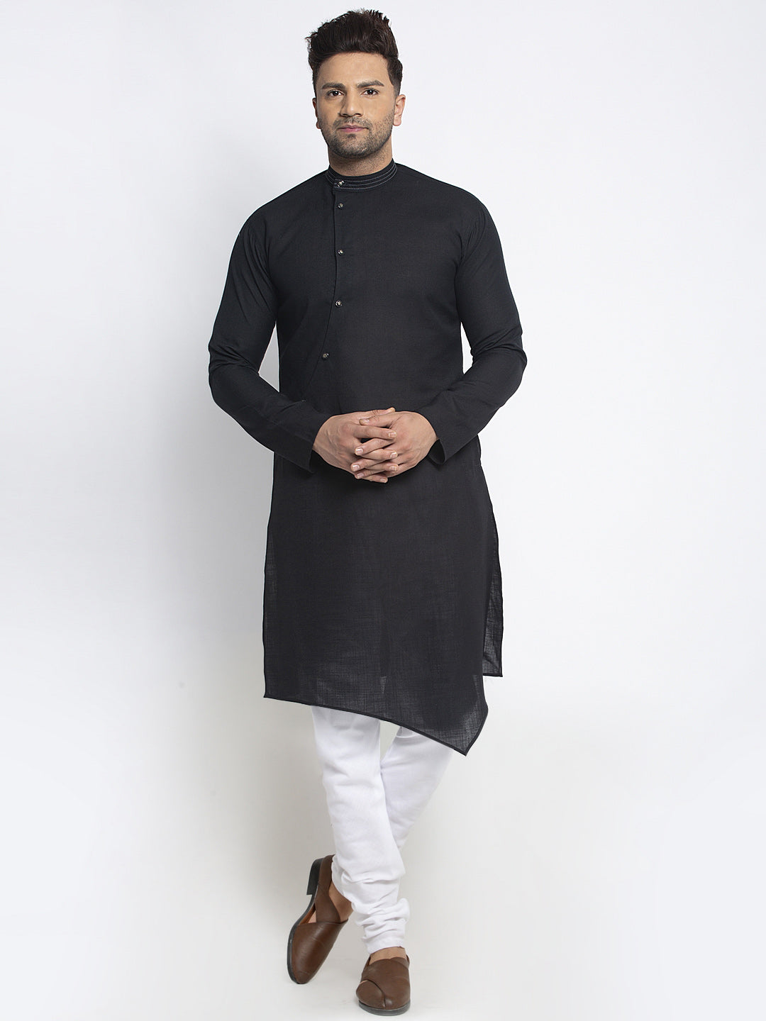 Designer Black Linen Kurta With White Churidar Pajama Set For Men By Luxury at Less