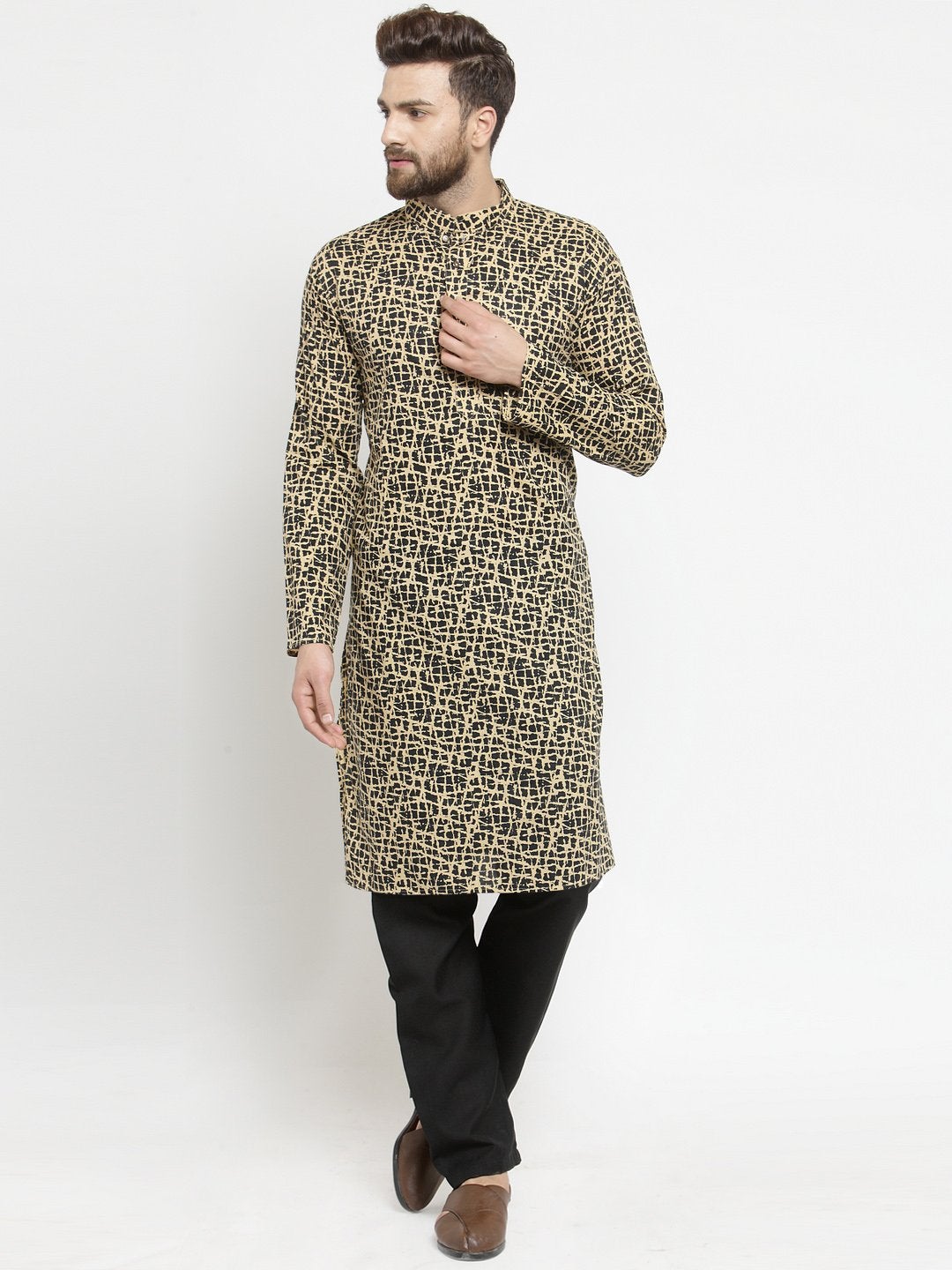 Printed Cotton Kurta in Dark Beige and Black with Aligarh Pajama By Luxury at Less