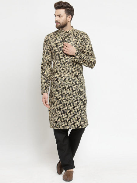 Printed Cotton Kurta in Dark Beige and Black with Aligarh Pajama By Luxury at Less