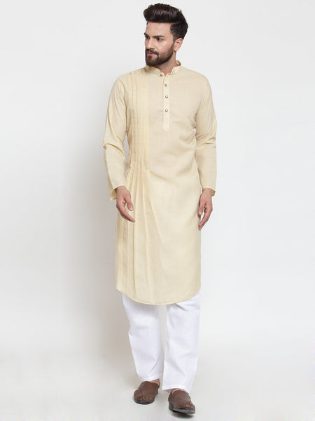 Beige Kurta With Aligarh Pajama Set in Linen For Men by Luxury at Less