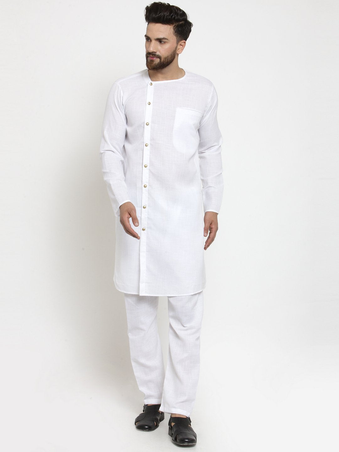 White Kurta With Aligarh Pajama Set in Linen For Men by Luxury at Less