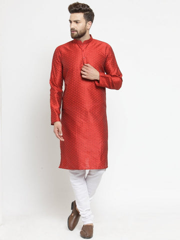 Embellished Brocade Kurta in Red with Churidar by Luxury at Less