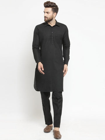 Designer Black Pathani Lenin Kurta with Pants for a Royal look by Luxury at Less