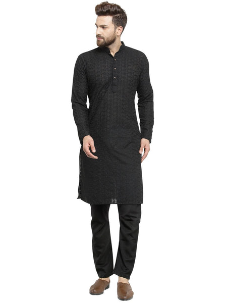 Black Cotton Chikankari Lucknowi Jaal Embroidered Kurta with Aligarh Pajama by Luxury at Less