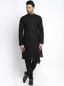 Designer Black Linen Kurta With Churidar Pajama Set For Men By Luxury at Less