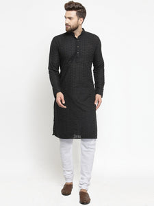 Black Cotton Chikankari Lucknowi Jaal Embroidered Kurta with Churidar Pajama