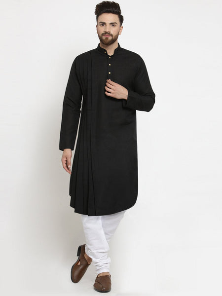 Designer Black Linen Kurta With Churidar Pajama For Men By Luxury at Less