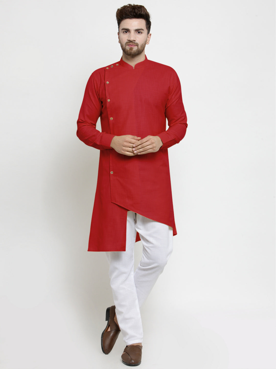 Designer Red Linen Kurta With White Aligarh Pajama For Men By Luxury at Less