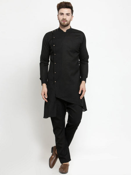 Designer Black Linen Kurta With Aligarh Pajama For Men By Luxury at Less