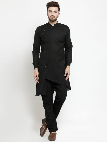 Designer Black Linen Kurta With Aligarh Pajama For Men By Luxury at Less