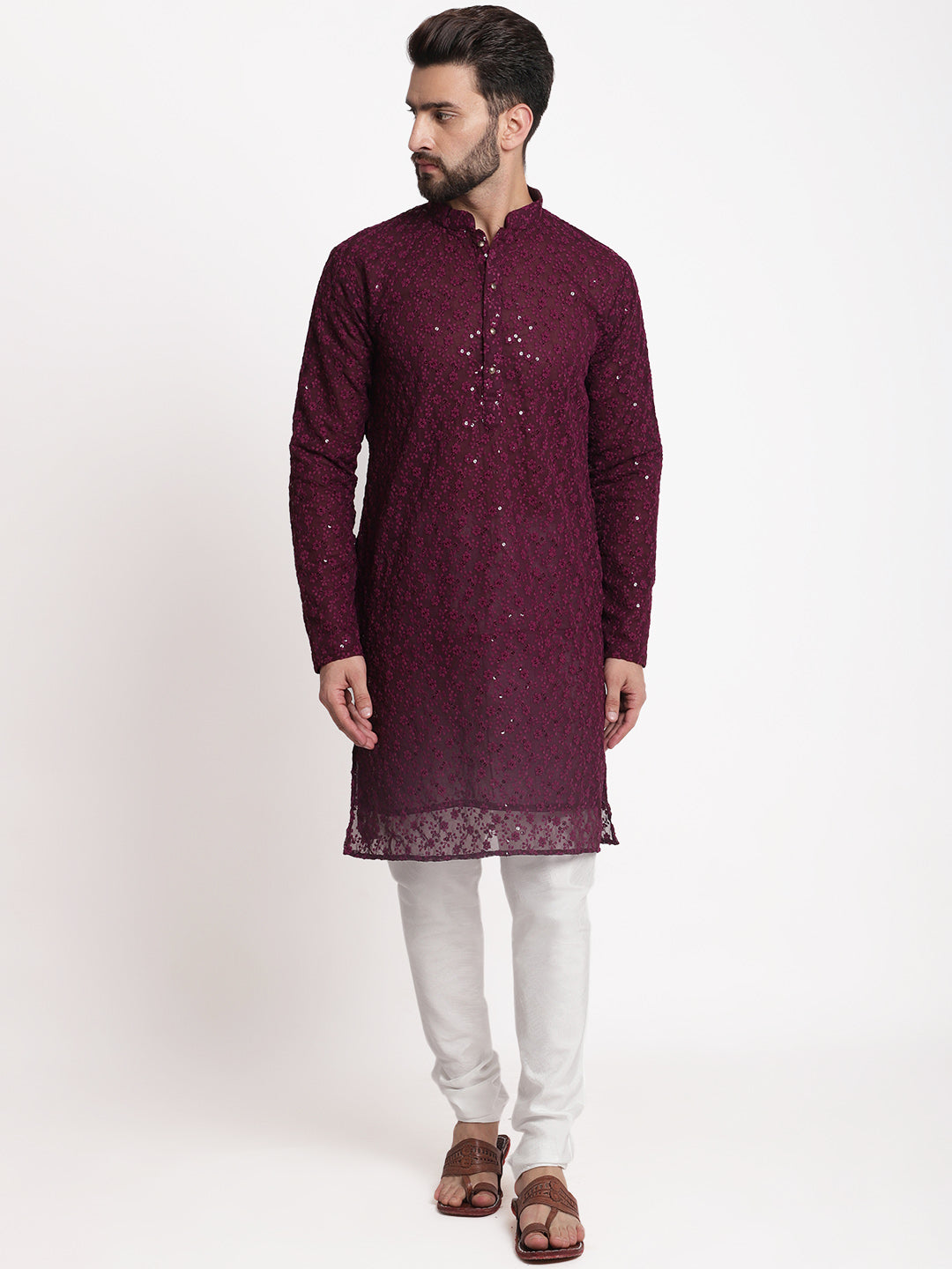 Wine Chikankari Floral Embroidery Kurta With Churidar Pajama by Luxury at Less