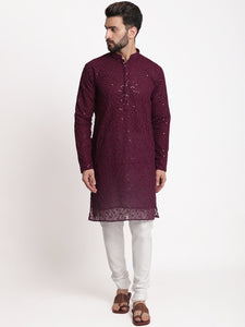 Wine Chikankari Floral Embroidery Kurta With Churidar Pajama by Luxury at Less