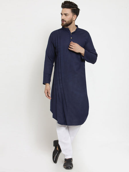 Designer Navy Blue Linen Kurta With Churidar Pajama For Men By Luxury at Less