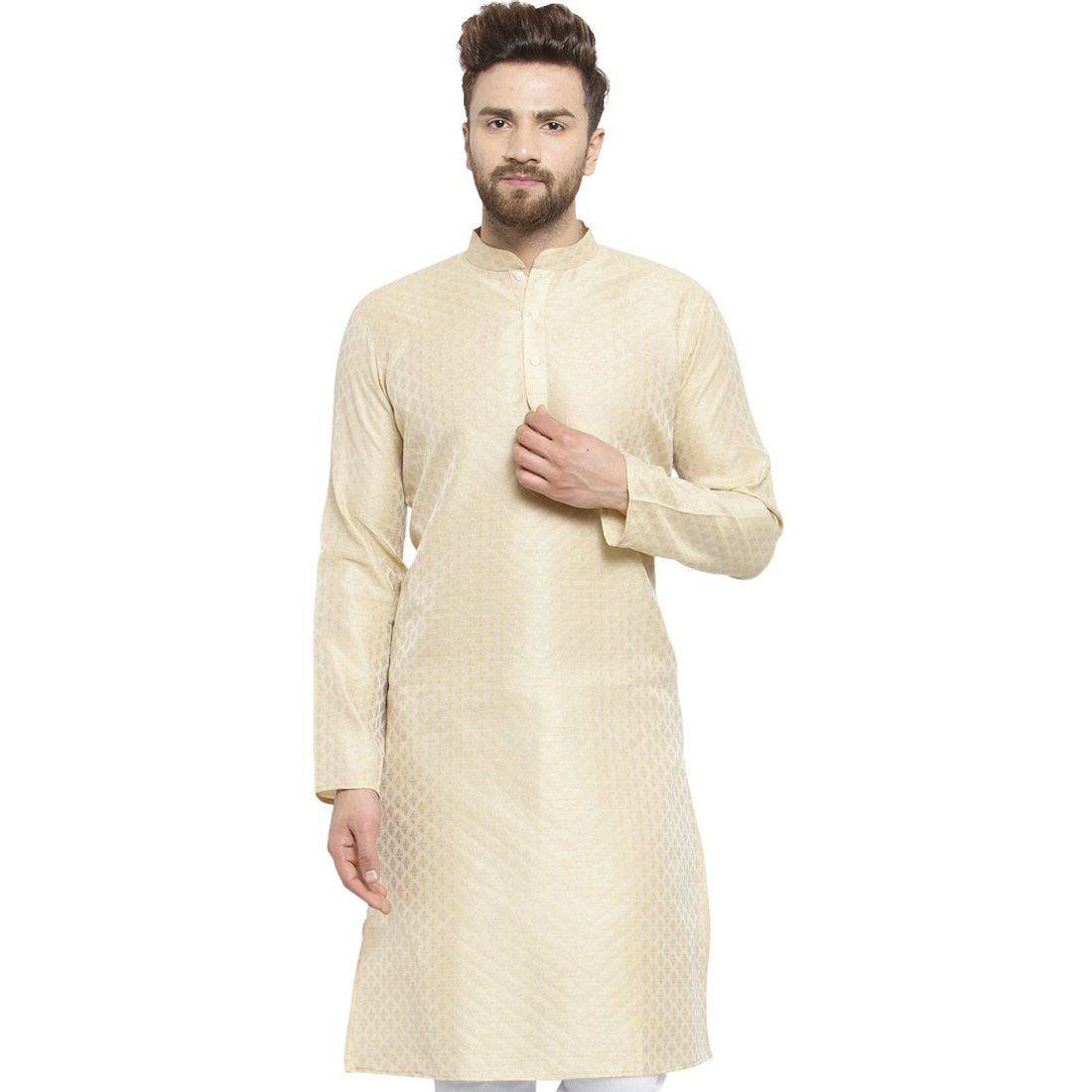 Embellished Brocade Kurta In Beige By Luxury at Less