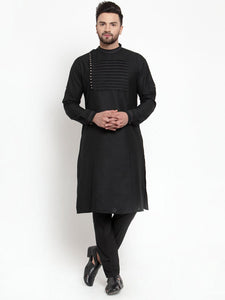 Designer Black Kurta With Aligarh Pajama Set in Linen For Men by Luxury at Less