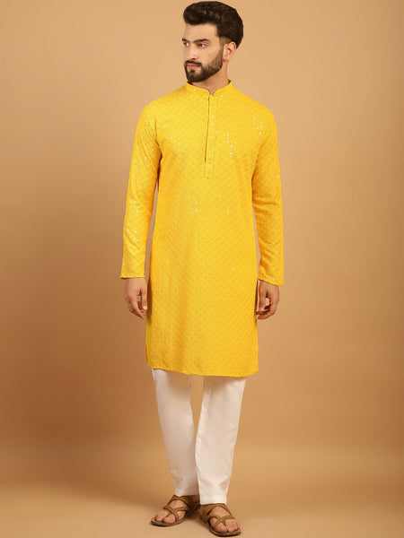 Embellished Sequinned Chikankari Embroidered Yellow Kurta Pajama Set by Luxury at Less