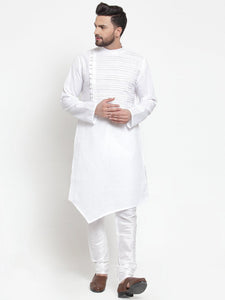 Designer White Kurta With Churidar Pajama Set in Linen For Men by Luxury at Less