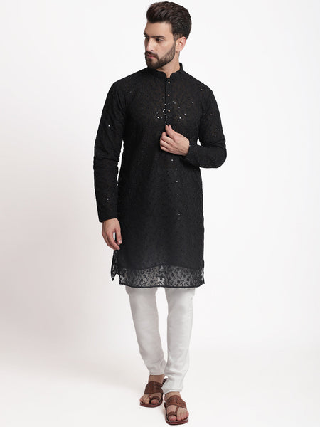 Black Chikankari Floral Embroidery Kurta With Churidar Pajama by Luxury at Less