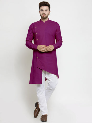 Designer Purple Linen Kurta With White Aligarh Pajama For Men By Luxury at Less