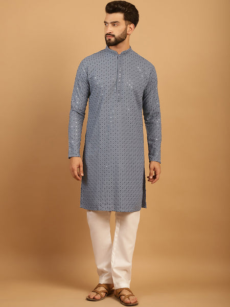 Embellished Sequinned Chikankari Embroidered Light Grey Kurta Pajama Set by Luxury at Less