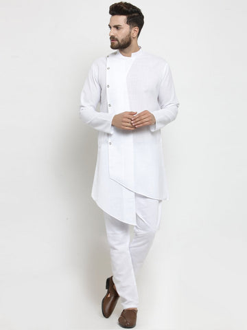 Designer White Linen Kurta With Aligarh Pajama For Men By Luxury at Less