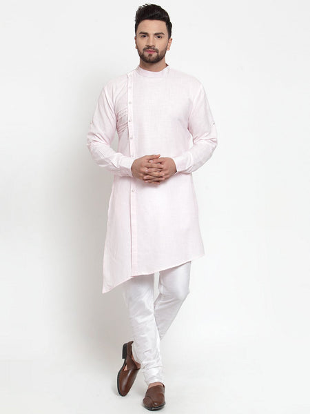 Designer Pink Kurta With Churidar Pajama Set in Linen For Men by Luxury at Less