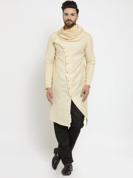 Beige Kurta With Aligarh Pajama Set in Linen For Men by Luxury at Less