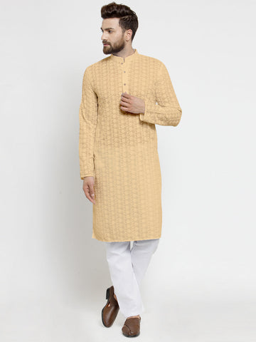 Embroidered Cotton Chikankari Beige Kurta With Aligarh Pajama For Men By Luxury at Less