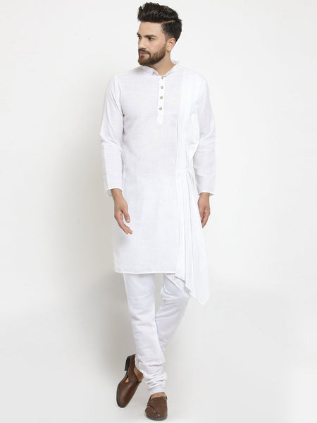 White Kurta With Churidar Pajama Set in Linen For Men by Luxury at Less