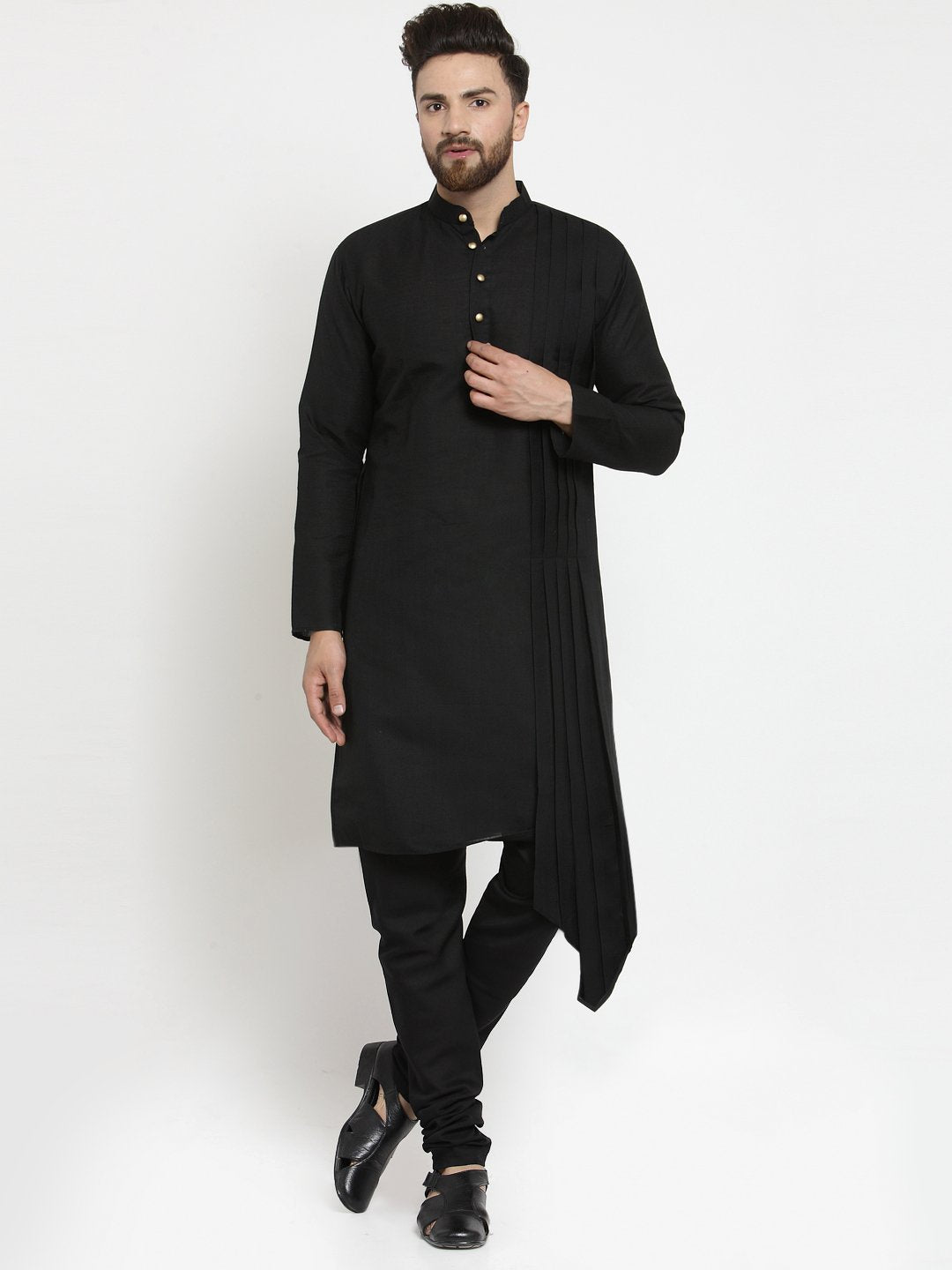 Black Kurta With Churidar Pajama Set in Linen For Men by Luxury at Less