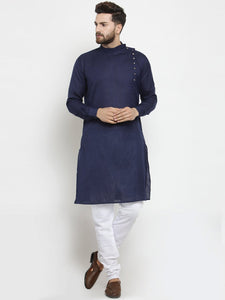 Designer Blue Linen Kurta With Churidar Pajama For Men By Luxury at Less