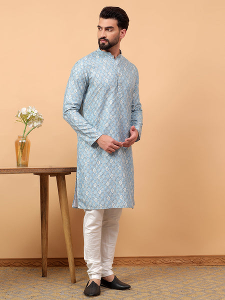 Traditional  Ethnic Wear  Printed  Art Silk Full Sleeve Straight  Regular Fit  Blue Kurta Pyjama Set  For Men