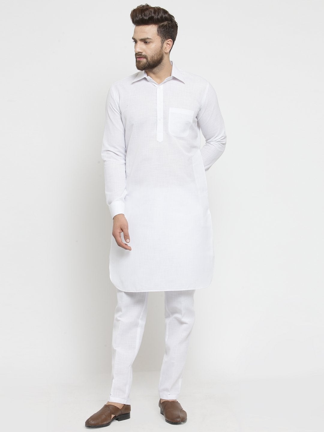 Designer White Pathani Lenin Kurta With Pants for a Royal Look By Luxury at Less