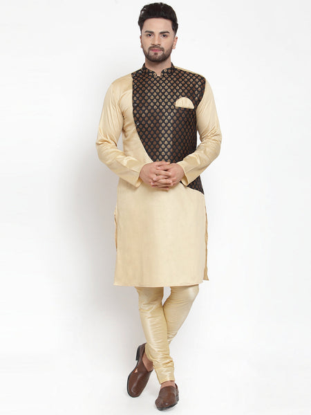 Designer Brocade Beige Banarasi Silk Kurta Pajama Set by Luxury at Less