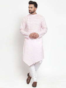 Designer Pink Kurta With Churidar Pajama in Linen For Men by Luxury at Less