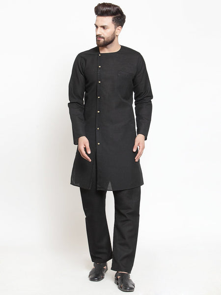 Black Kurta With Aligarh Pajama Set in Linen  For Men by Luxury at Less