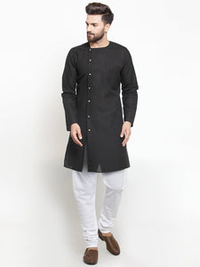 Designer Black Kurta With Churidar Pajama Set in Linen For Men by Luxury at Less