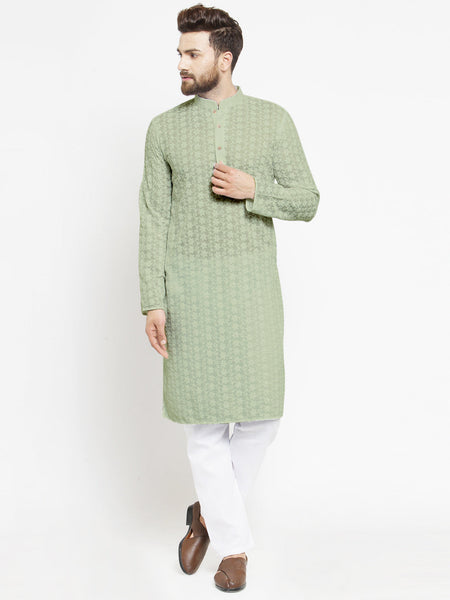 Pista Green Chikankari Lucknowi Jaal Embroidered Kurta with Aligarh Pajama by Luxury at Less