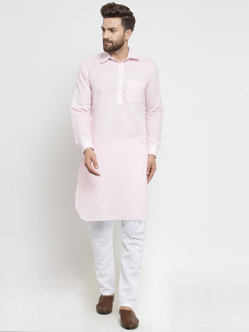 Designer Pink Pathani Lenin Kurta with White Aligarh Pajama by Luxury at Less