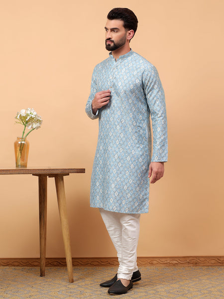 Traditional  Ethnic Wear  Printed  Art Silk Full Sleeve Straight  Regular Fit  Blue Kurta Pyjama Set  For Men