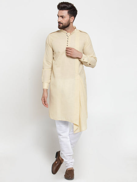 Beige Kurta With Churidar Pajama Set in Linen For Men by Luxury at Less