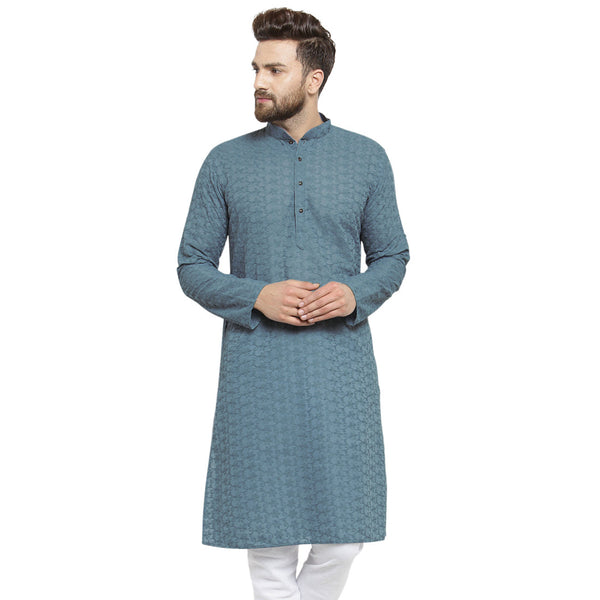 Grey Cotton Chikankari Lucknowi Jaal Embroidered Kurta By Luxury at Less