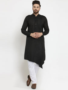 Black Kurta With Aligarh Pajama Set in Linen For Men by Luxury at Less