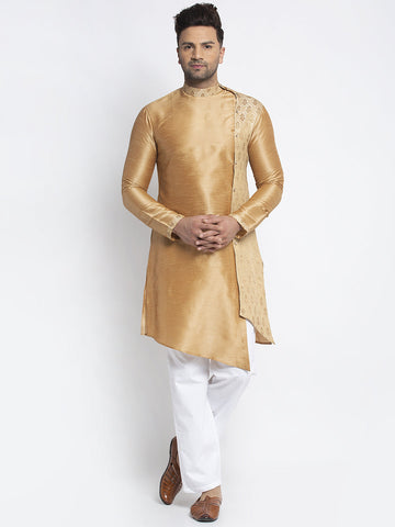 Embellished Brocade Golden Kurta With Aligarh Pajama Set For Men By Luxury at Less