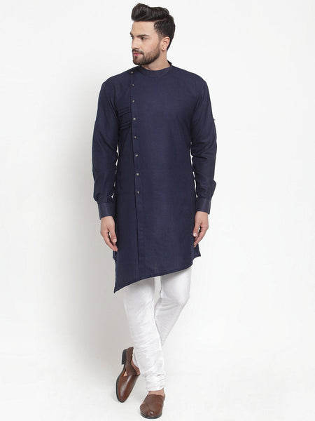 Designer Navy Blue Kurta With Churidar Set in Linen For Men by Luxury at Less