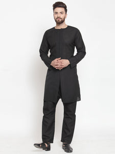 Black Kurta With Aligarh Pajama Set in Linen For Men by Luxury at Less